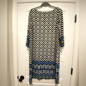 NW London Times sheath black, white, green and blue pattern dress.  Size 18W
